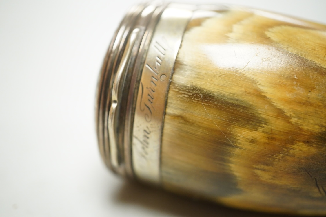 A 19th century Scottish white metal mounted horn snuff mull, engraved 'John Turnbull' 85mm, (a.f.).